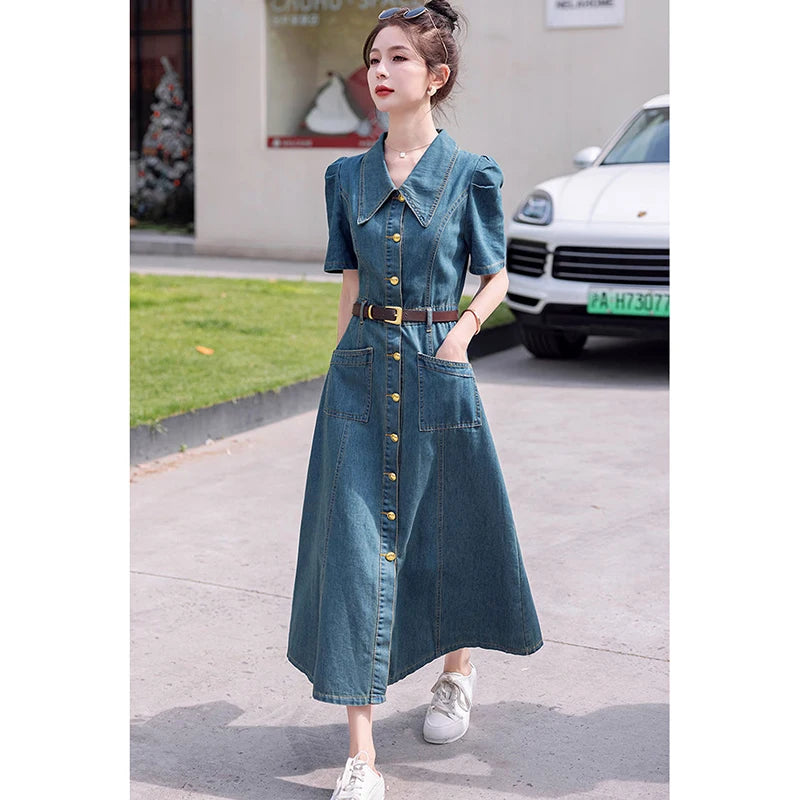 2025 Summer New Women's Denim Dress Solid Short Sleeve Korean Hot Fashion Jeans Dress Female Single-Breasted Long Cowgirl Dress