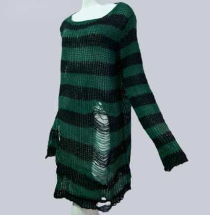 New Punk Gothic Long Unisex Sweater Summer Women Striped Cool Hollow Out Hole Broken Jumper Loose Rock Thin Dark Streetwear Top