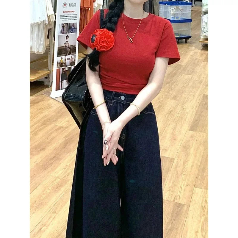 Vintage High-Waisted Wide-Leg Jeans Skirt American Style For Women Summer New Loose-Fit Slimming Versatile Straight-Leg Trousers