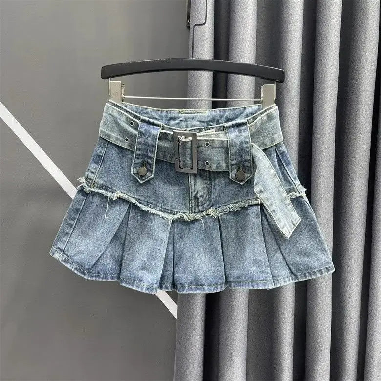 Retro Street Fashion Washed Denim Two-Piece Skirt Set Women Hip Hop Harajuku Goth Halves Neck Top Mini Pleated Skirt Trendy Set