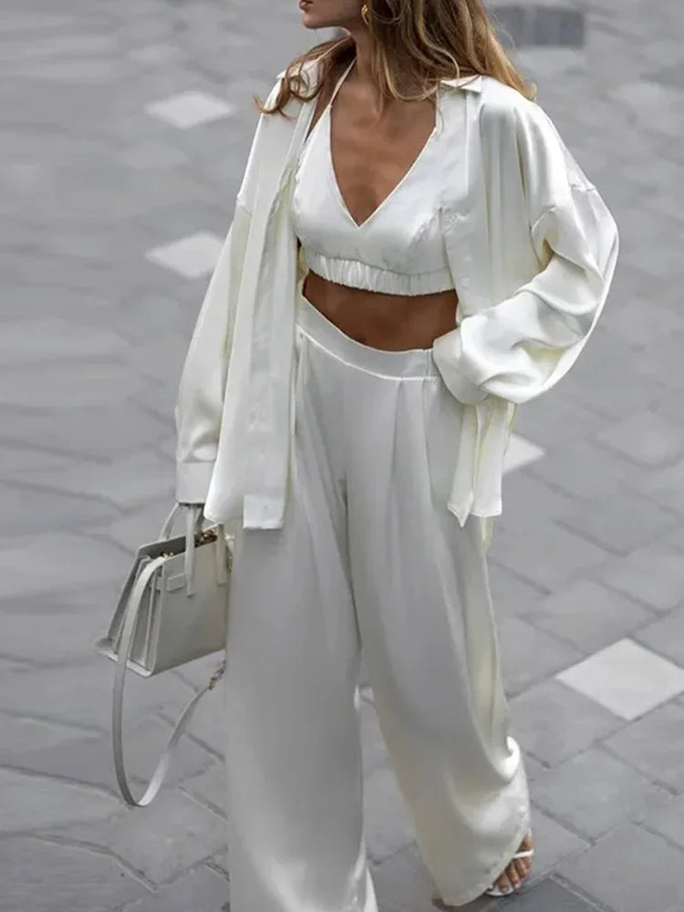 Syiwidii Outfit Fashion Long Sleeve Shirts 2025 New Summer Lady Sexy Loose Silk 3 Piece Sets Women High Waist Wide Pants Sets