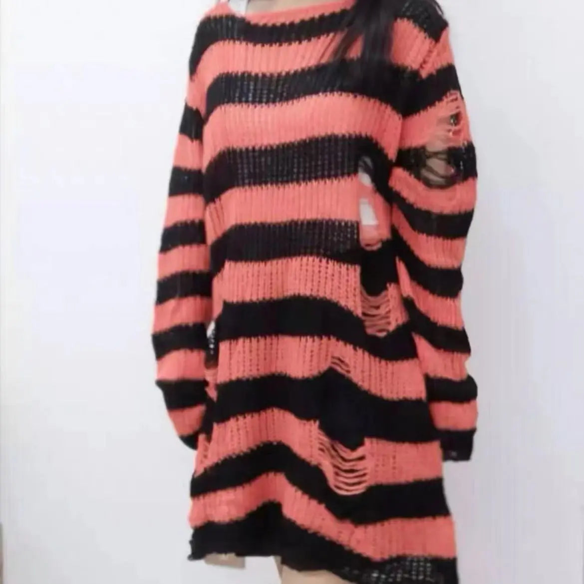 New Punk Gothic Long Unisex Sweater Summer Women Striped Cool Hollow Out Hole Broken Jumper Loose Rock Thin Dark Streetwear Top