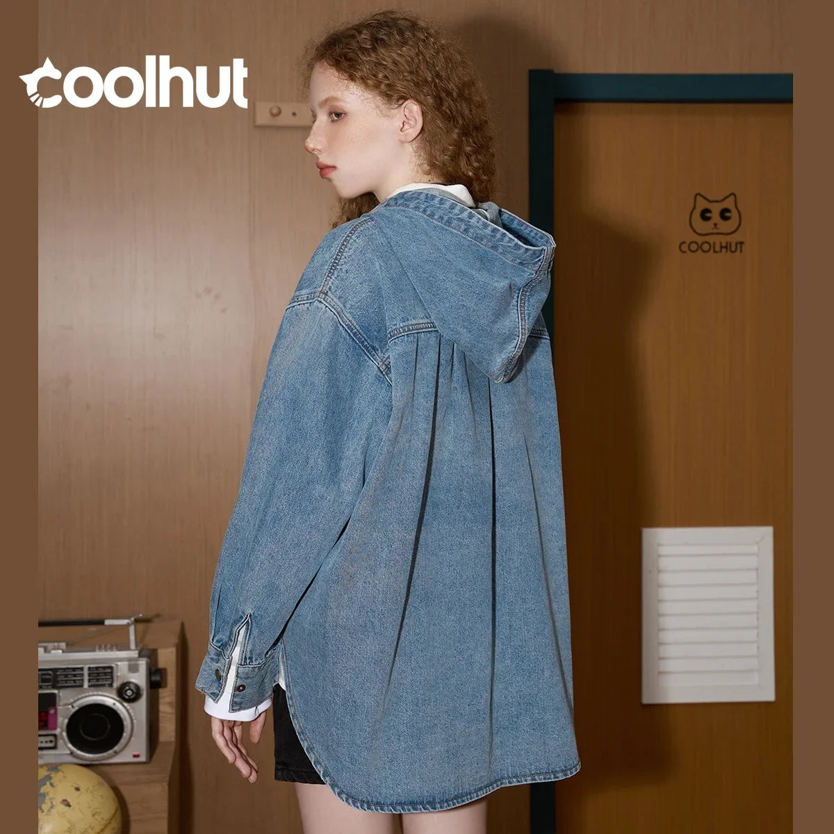 COOLHUT Design 2025 Women's Spring Hooded Button Front Distressed Denim Jacket Oversized Washed Coat Drawstring Waist Mid-Length