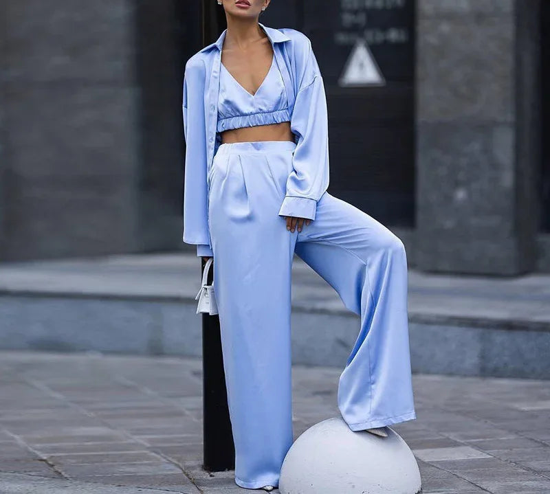 Syiwidii Outfit Fashion Long Sleeve Shirts 2025 New Summer Lady Sexy Loose Silk 3 Piece Sets Women High Waist Wide Pants Sets