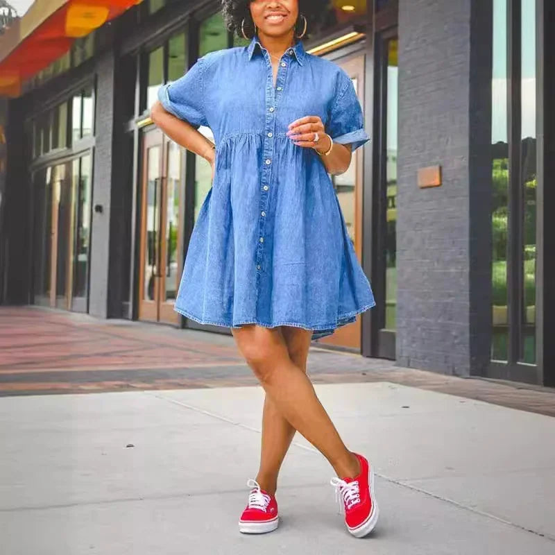 Women Loose High Waist Denim Dresses Fashion Folded Short Sleeve Dress Female Casual Single-breasted Cardigan Mid-length Gown 24