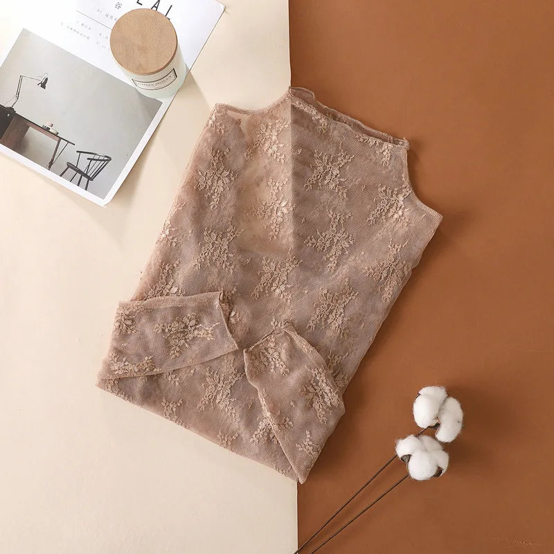 S-XL New Women Floral Lace Shirt Spring Autumn Long Sleeve Sexy Mesh Bottoming Shirts Mock Neck Blouse T-Shirt Pullover Top
