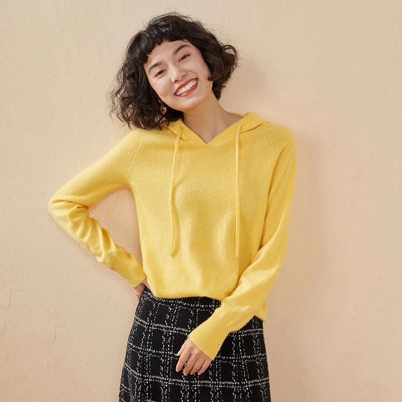 Autumn and winter new women's sweater 100% pure cashmere knitted hooded collar pullover soft solid color hot selling women's top