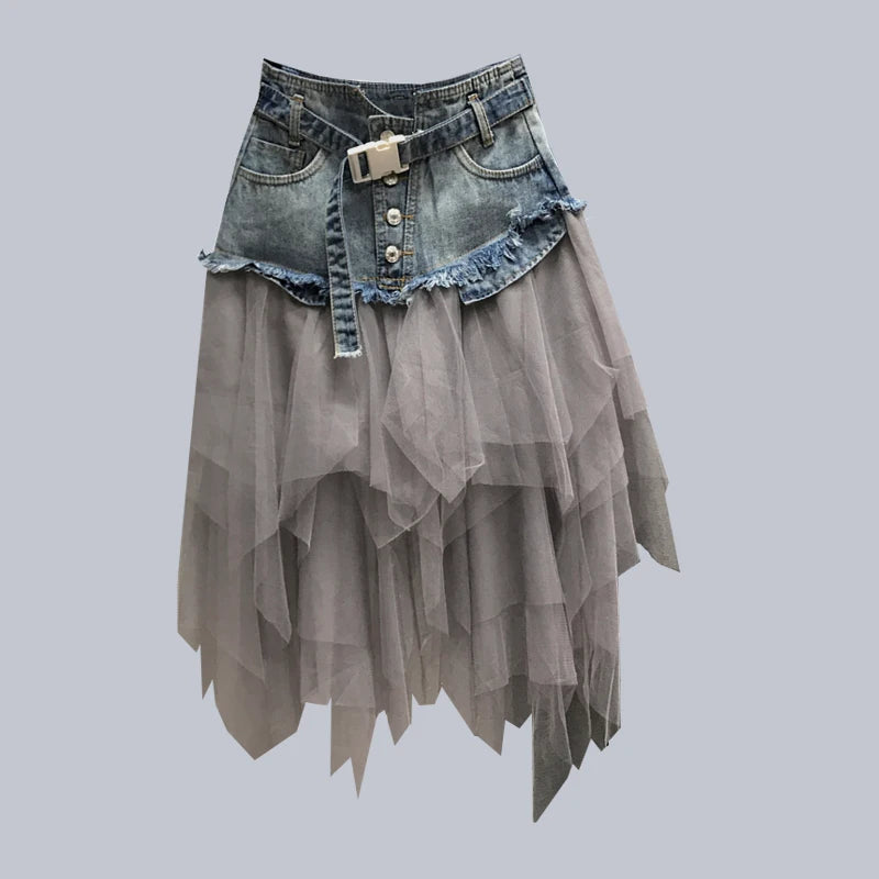 Korean Version Mesh Spliced Denim Skirt For Women's Summer High Waisted Mid Length Beach Skirt Slim Fit Versatile Denim Skirt