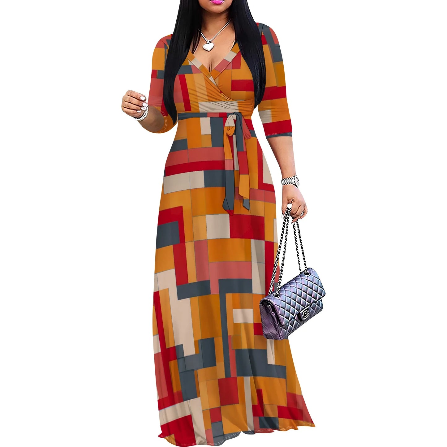 Plaid Wrap Maxi Dress (S-3XL) – Elegant Brown & White Colorblock Dress for Fall, Casual Outings & Holidays