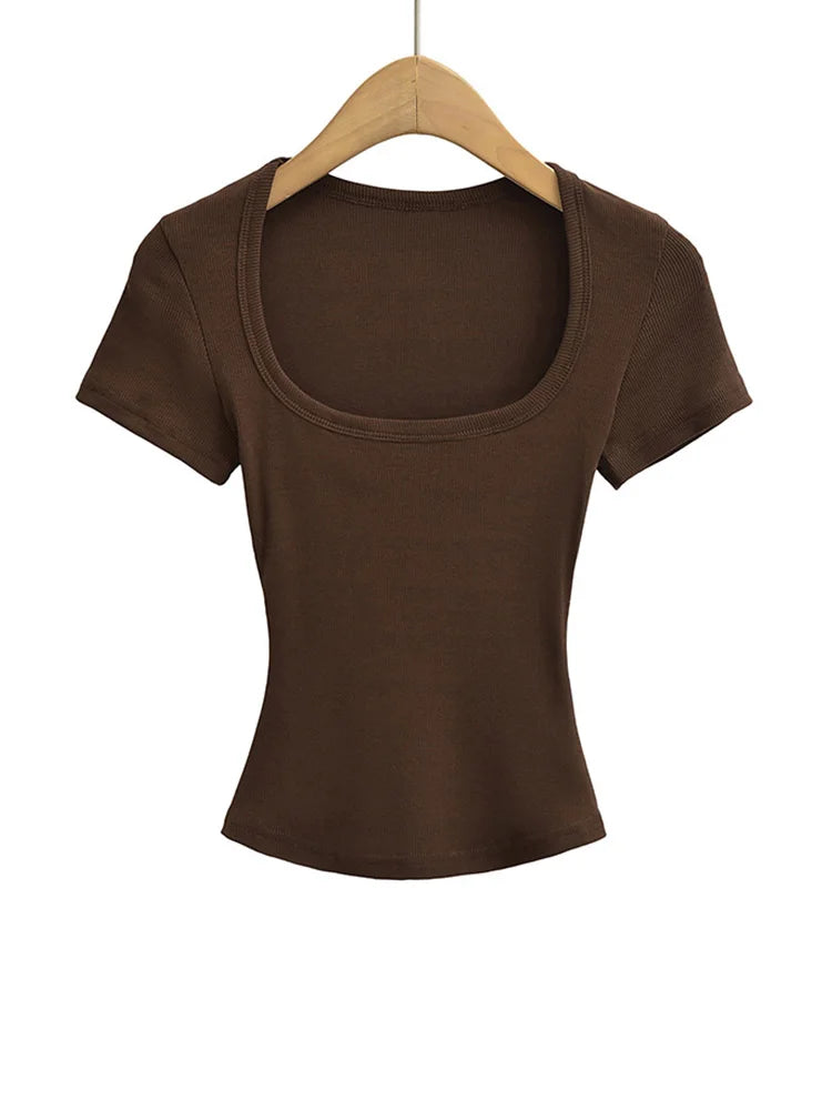 Women's Square Collar Slim Fit Crop Top High Stretch Short Sleeve Pullover Sexy Summer Blouse T-shirt Bottoming