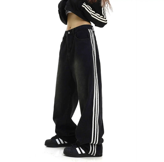 American Style Retro Striped Loose Fit Low Waist Slimming Long Jeans Women High Street Drag Floor Length Trendy Denim Pants