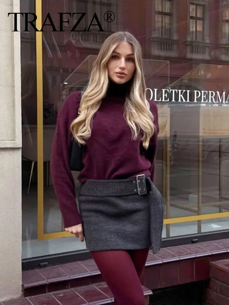 TRAFZA Women Vintage Burgundy Turtleneck Sweater Casual Long Sleeve Knitted Pullover Autumn Winter Women Solid Warm Knitwear