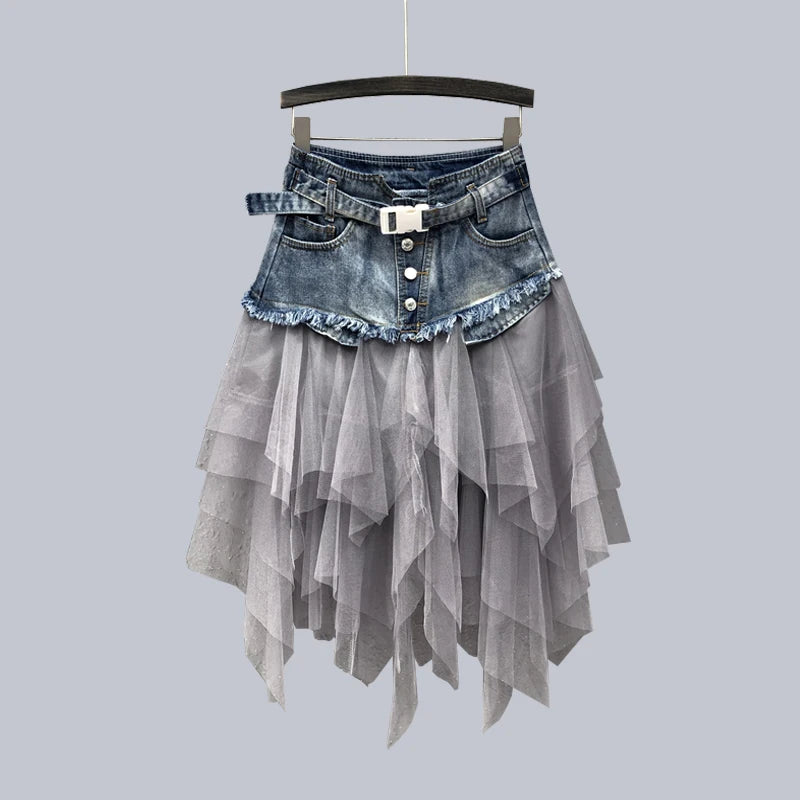 Korean Version Mesh Spliced Denim Skirt For Women's Summer High Waisted Mid Length Beach Skirt Slim Fit Versatile Denim Skirt