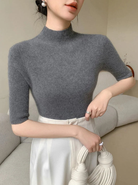 New Fashion Women Slim Mock Neck Half Sleeve Pullover Sweater Pure Color Basic Soft 100% Merino Wool Knitwear Spring Summer Tops