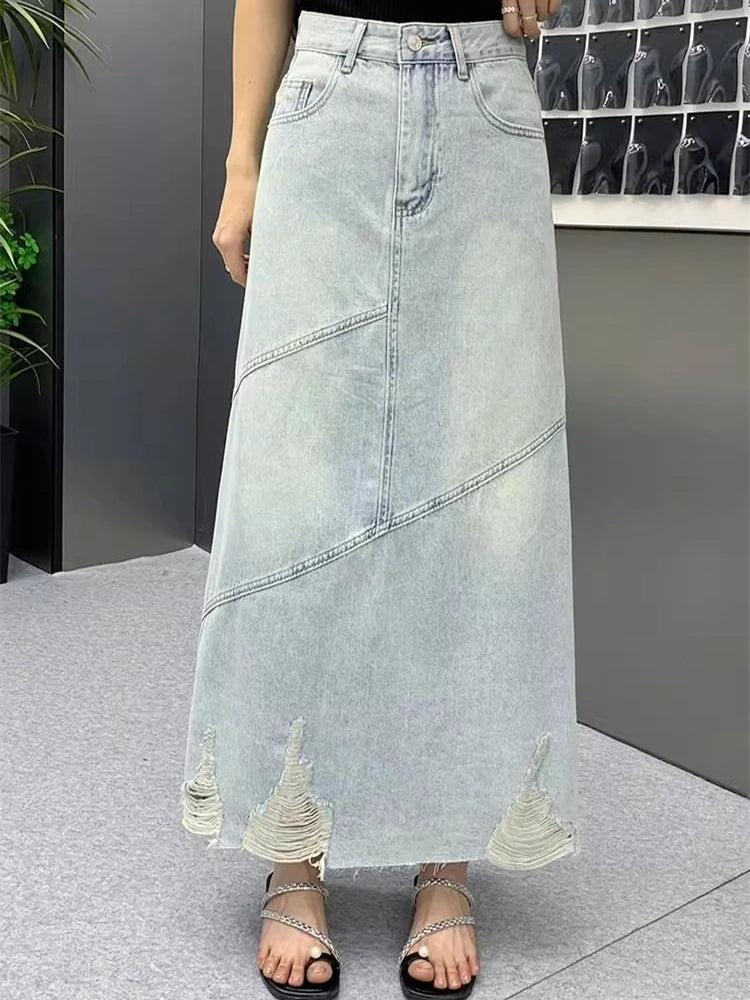 Women's Vintage Ripped A-line Long Denim Skirt Cool Girl Vintage Fashion Summer Female Street Style Ankle-length Large Skirts