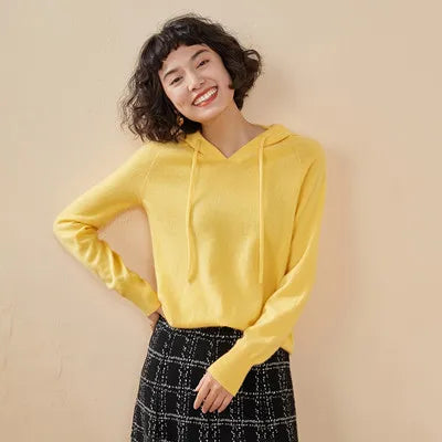 Autumn and winter new women's sweater 100% pure cashmere knitted hooded collar pullover soft solid color hot selling women's top