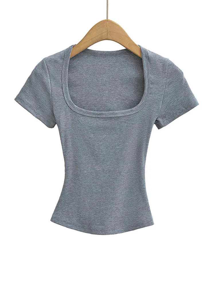 Women's Square Collar Slim Fit Crop Top High Stretch Short Sleeve Pullover Sexy Summer Blouse T-shirt Bottoming