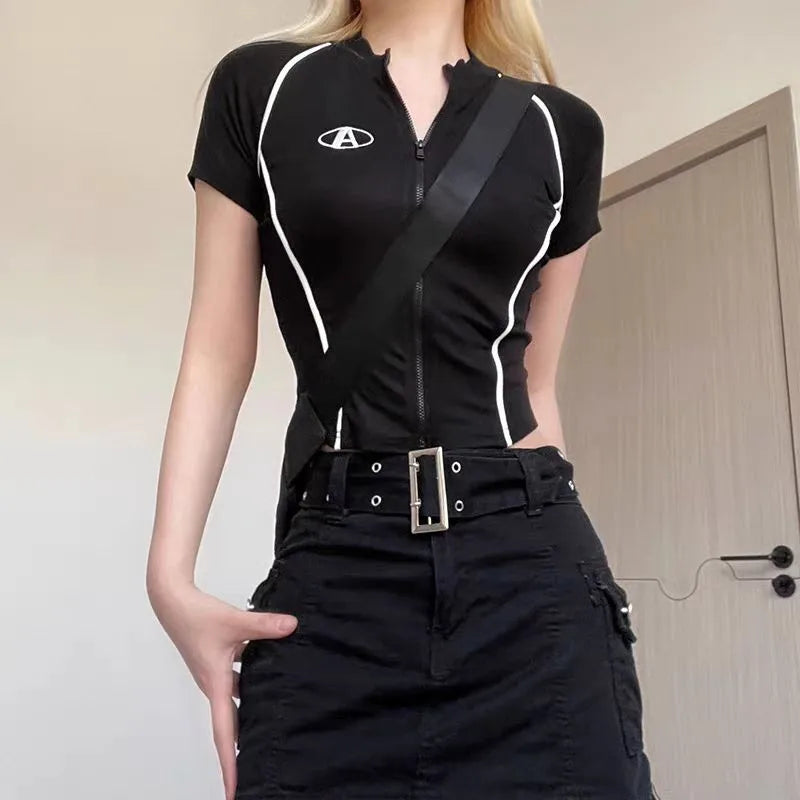 Summer Stand Up Collar Short Sleeved Women's T-shirt Short Style Unique and Chic Slimming Design Top