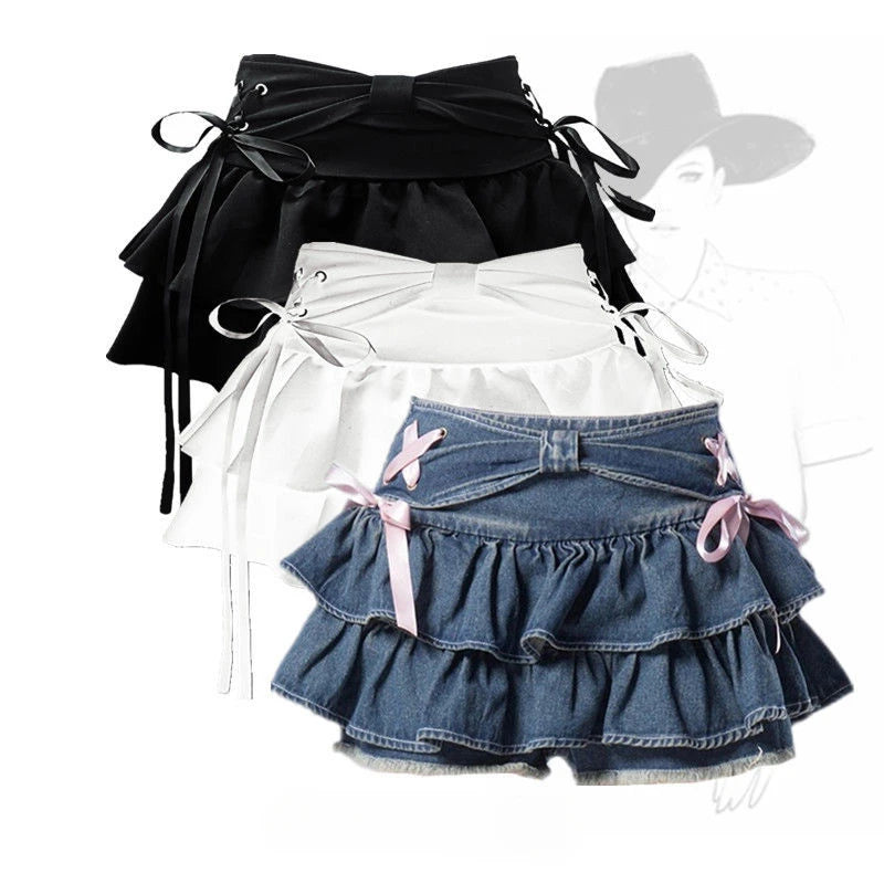 Blue Denim Pleated Skirt Bow Fold Design Women's A-line Short Skirt Built in Shorts American Spicy Girl Korean Fashion Hotsweet