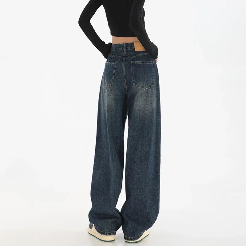 Woman High Waist Slim Fit Wide Leg Jeans Female High Street Y2k 2000s Casual Pants Lady Fashion Black Blue Loose Denim Trouserse
