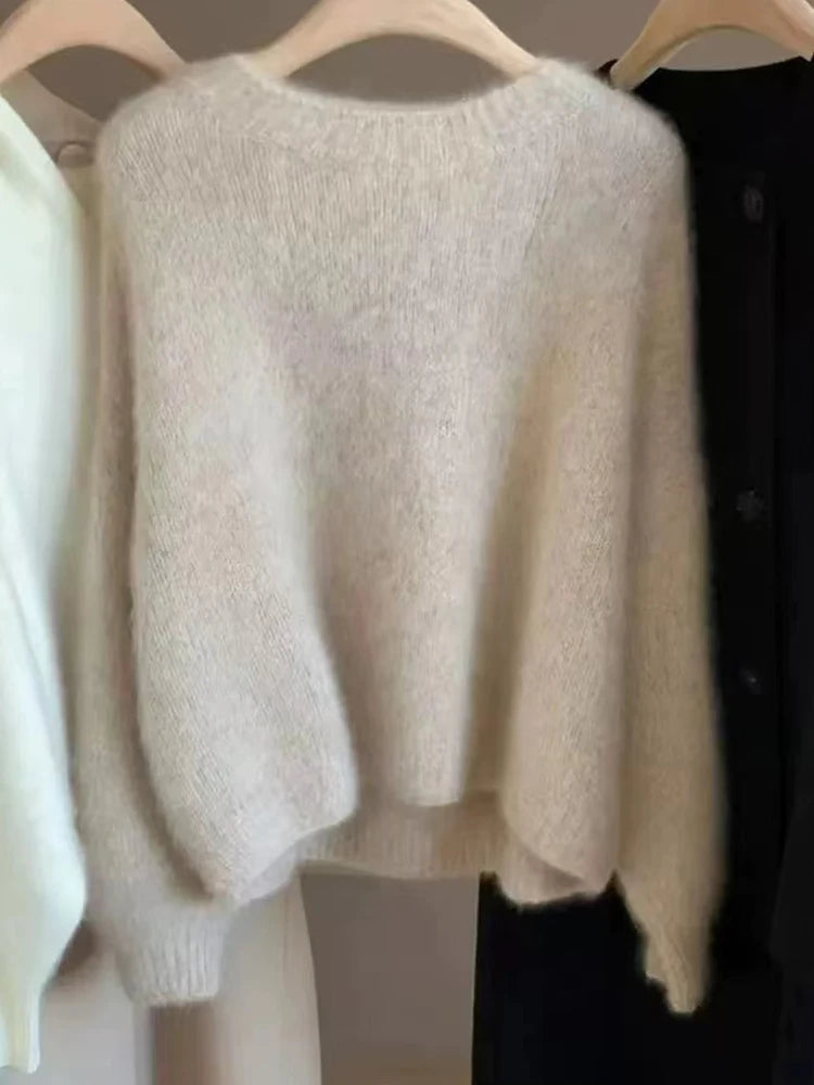 Autumn and Winter New Cashmere Sweater 100% Pure Wool Knitted Pullover for Women, Loose and Lazy Style Round Neck Soft Solid Top