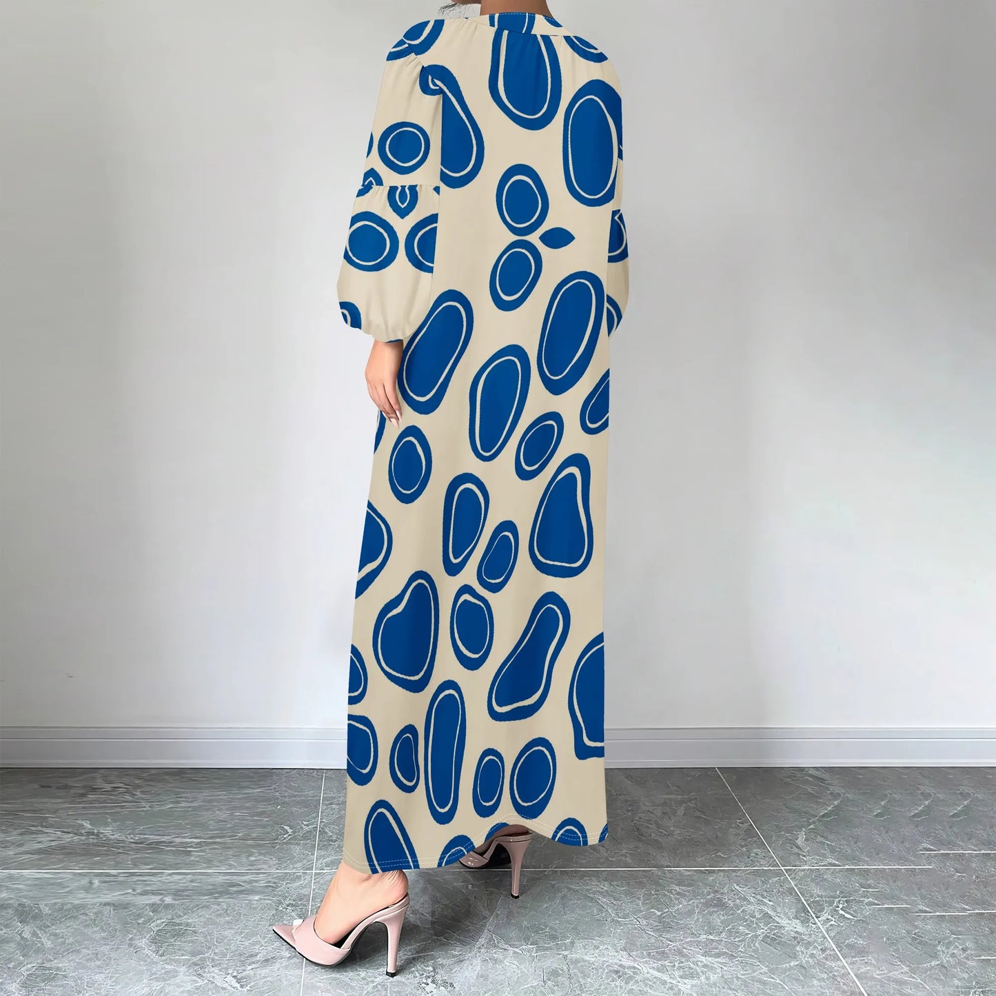 Plus Size Blue Abstract Print Long Dress for Women – Casual & Chic, Perfect for Spring Outings, Available in XS-3XL