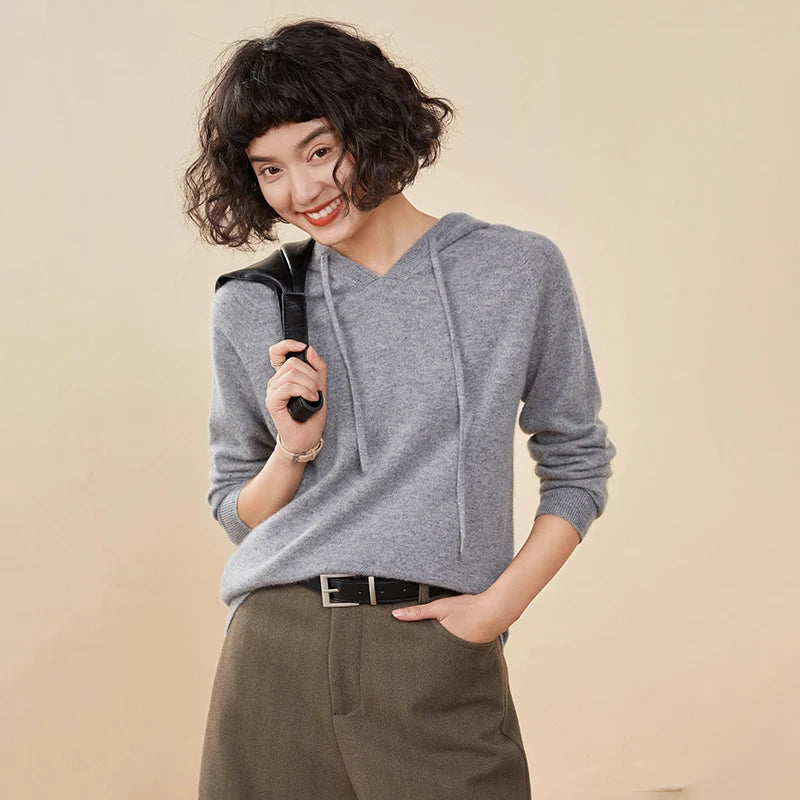 Autumn and winter new women's sweater 100% pure cashmere knitted hooded collar pullover soft solid color hot selling women's top
