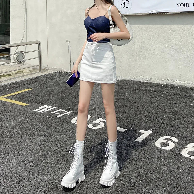 Xpqbb White Denim Skirts Women Spring Summer Korean High Waist Package Hip Skirt Woman Casual Simple Wild Jean Mini Skirts