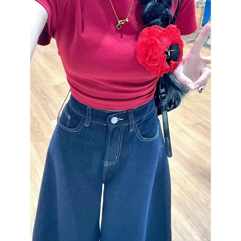 Vintage High-Waisted Wide-Leg Jeans Skirt American Style For Women Summer New Loose-Fit Slimming Versatile Straight-Leg Trousers