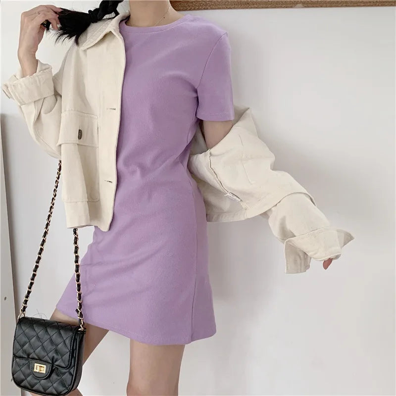 Summer Women T-shirt Dress Casual O-Neck Short Sleeve Solid Korean Slim Mini Vestidos CDPF-WYP-6624