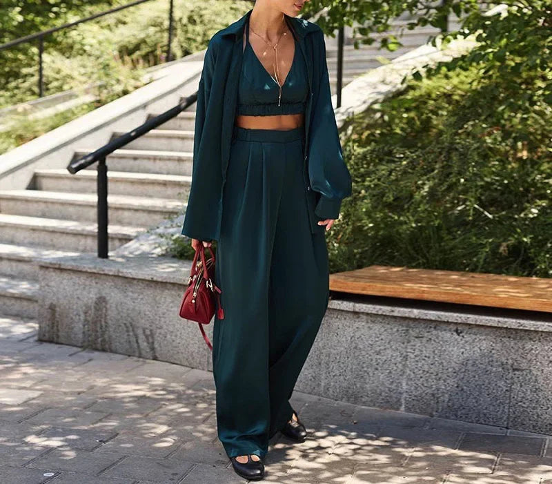Syiwidii Outfit Fashion Long Sleeve Shirts 2025 New Summer Lady Sexy Loose Silk 3 Piece Sets Women High Waist Wide Pants Sets