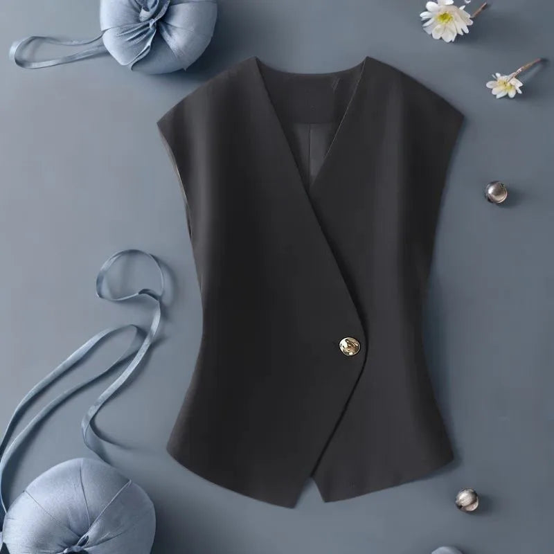 Women's High-end Solid Color V-neck Lining Suit Vest Coat Spring Autumn Slim Versatile Sleeveless Irregular Short Waistcoat