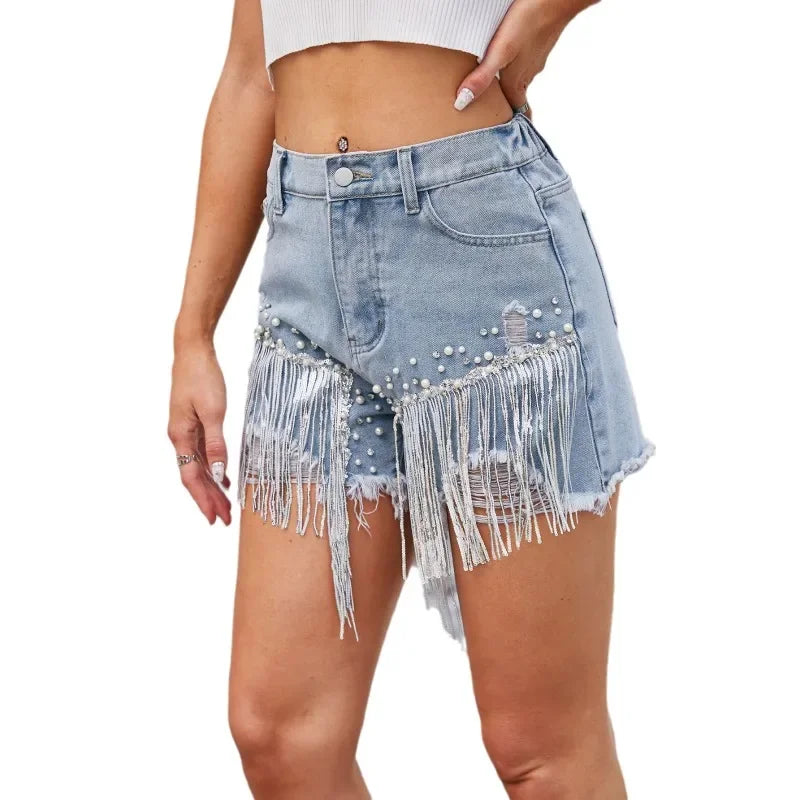 Summer Elegant Female Casual Shorts Jeans Women Clothing Hot PantsShorts Lady Tassel Beading High Waist Wide Leg Denim Shorts