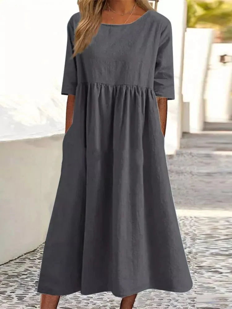 Summer New Cotton and Linen Casual Short Sleeve Pocket Fold Loose Round Neck Women's Dress 300