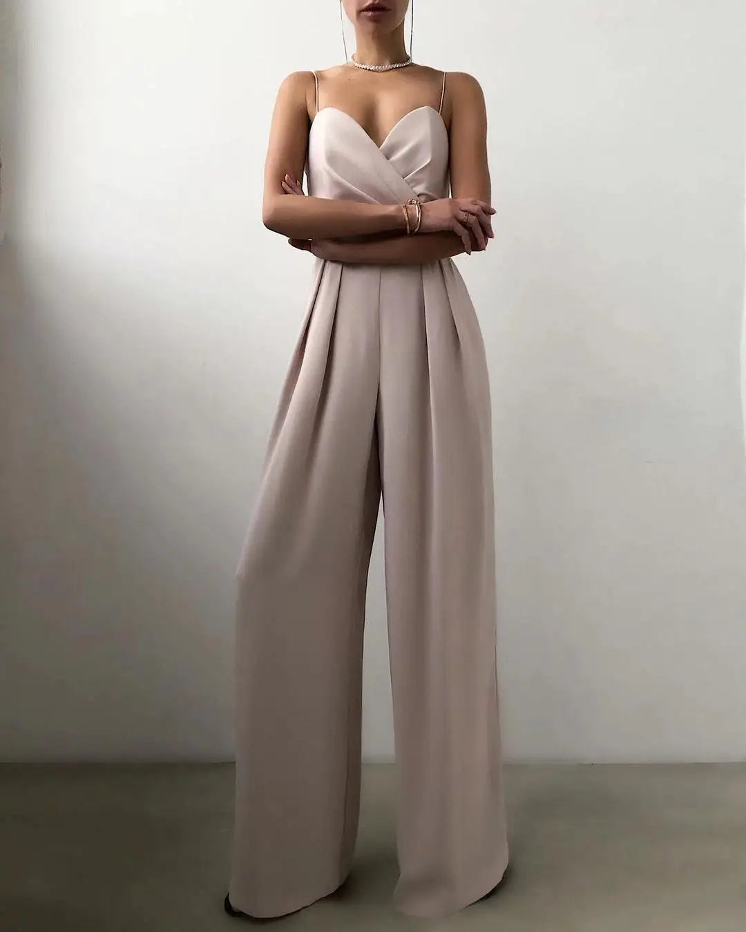 Chic Spaghetti Straps Wide Leg Pants Jumpsuits Elegant Fashion Women Ladies V-Neck High Waist Long Rompers Sleeveless Suit