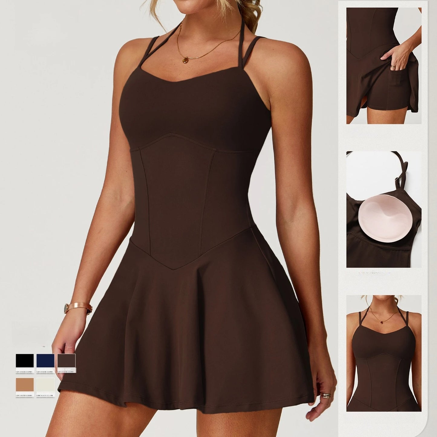 Sexy Backless Tennis Bodycon Dress with Shorts Pocket Women Sportwear One Piece Gym Set Sleeveless Yoga Fitness Mini Dress Black