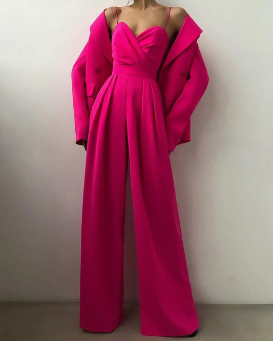 Chic Spaghetti Straps Wide Leg Pants Jumpsuits Elegant Fashion Women Ladies V-Neck High Waist Long Rompers Sleeveless Suit