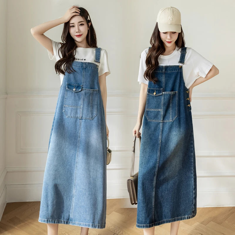 Women Denim Dresses Spring Summer Large Pocket Loose Casual Mid  Length Jean Suspender Straps Dress Korean Versatile Vestidos