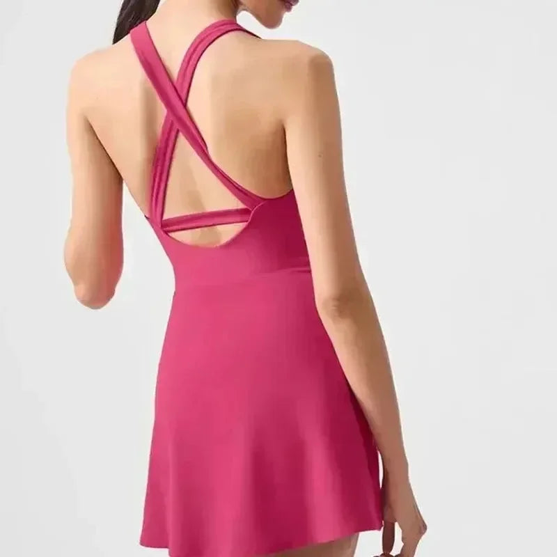 Cross Backless Tennis Dress Women Removable Chest Pad Sports Outdoor Fitness Dresses