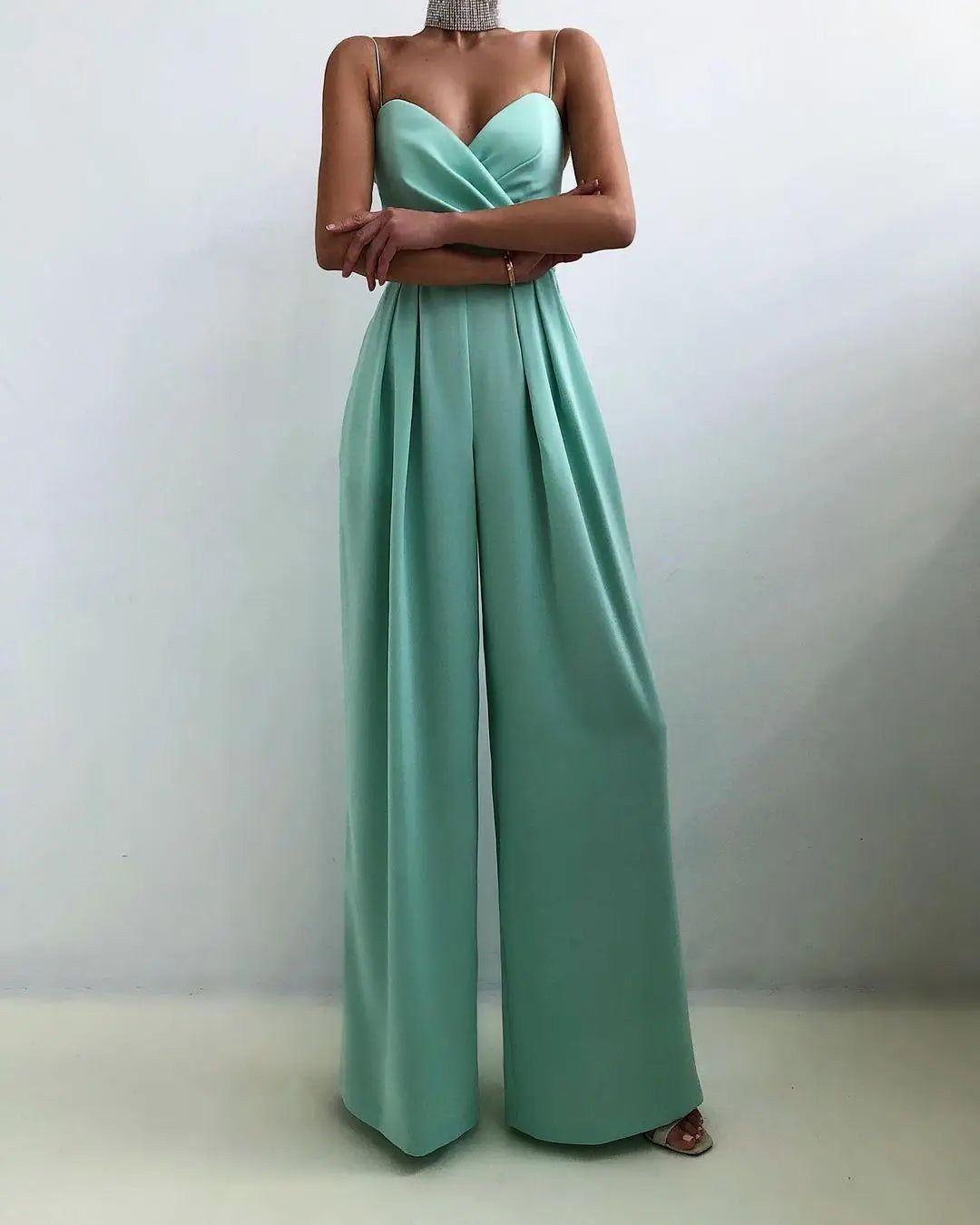 Chic Spaghetti Straps Wide Leg Pants Jumpsuits Elegant Fashion Women Ladies V-Neck High Waist Long Rompers Sleeveless Suit