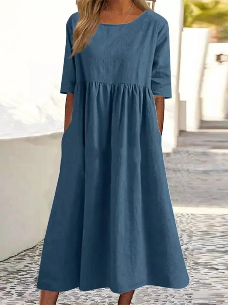 Summer New Cotton and Linen Casual Short Sleeve Pocket Fold Loose Round Neck Women's Dress 300