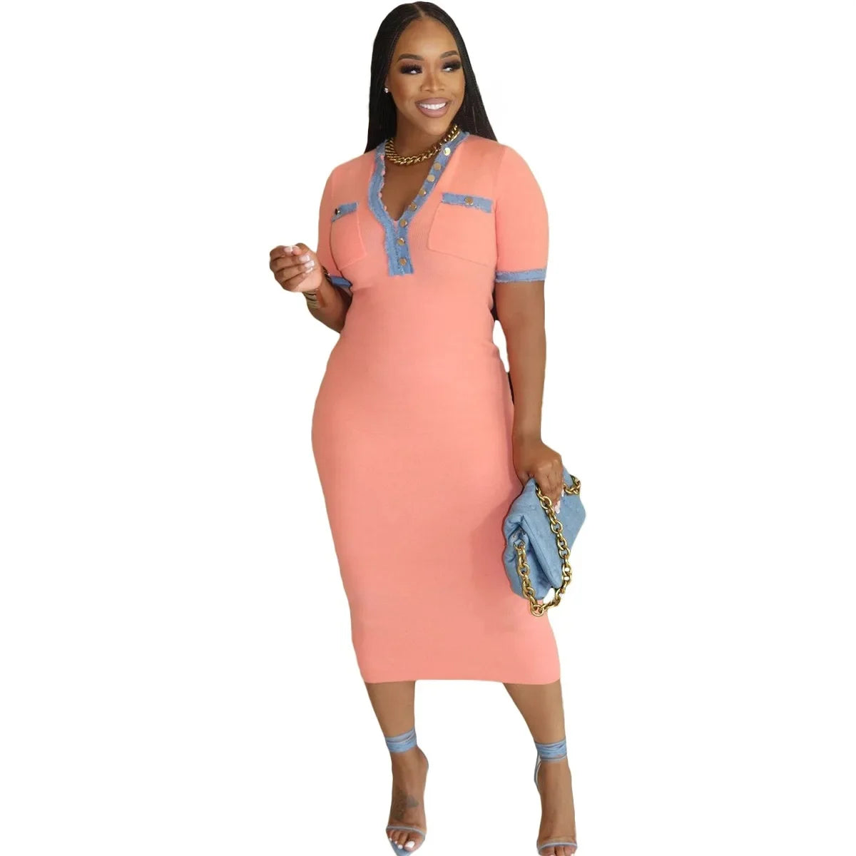 Stock Available Independent Station European American Cross-border Washing Denim Splicing Pocket Solid Color Women's Dress
