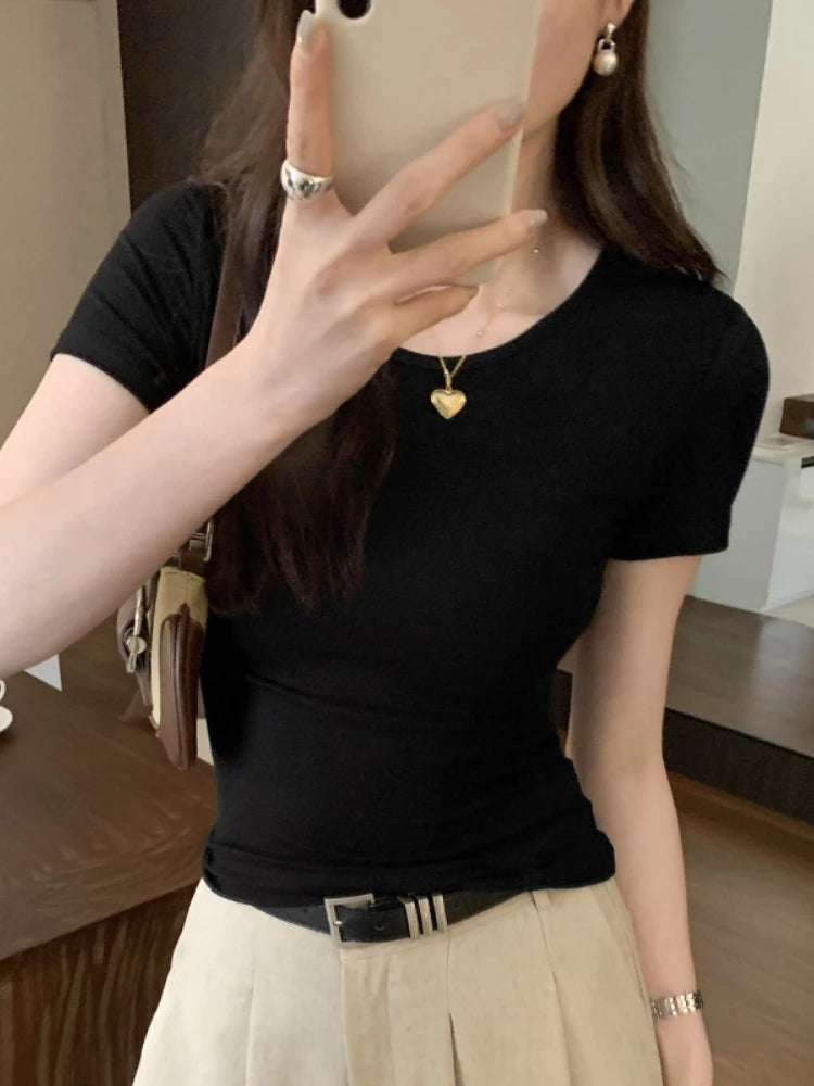 2025 O Neck Solid T Shirt For Women Basic T-shirts Female Casual Tops Long Sleeve Sexy Slim Tees Korean Style Womens Clothing