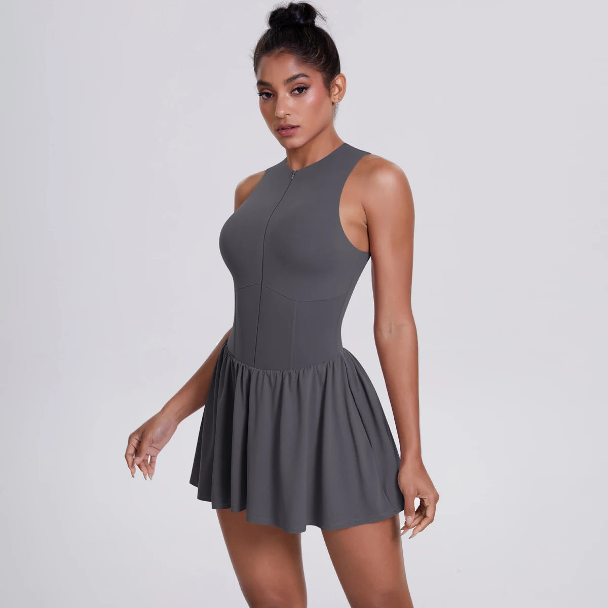 Women Front Zipper Tennis Dress Fake Two-piece Pieces Stand Up Collar Slim Fit Soft Sports Sets Fitness Pocket Skorts Yoga Suits
