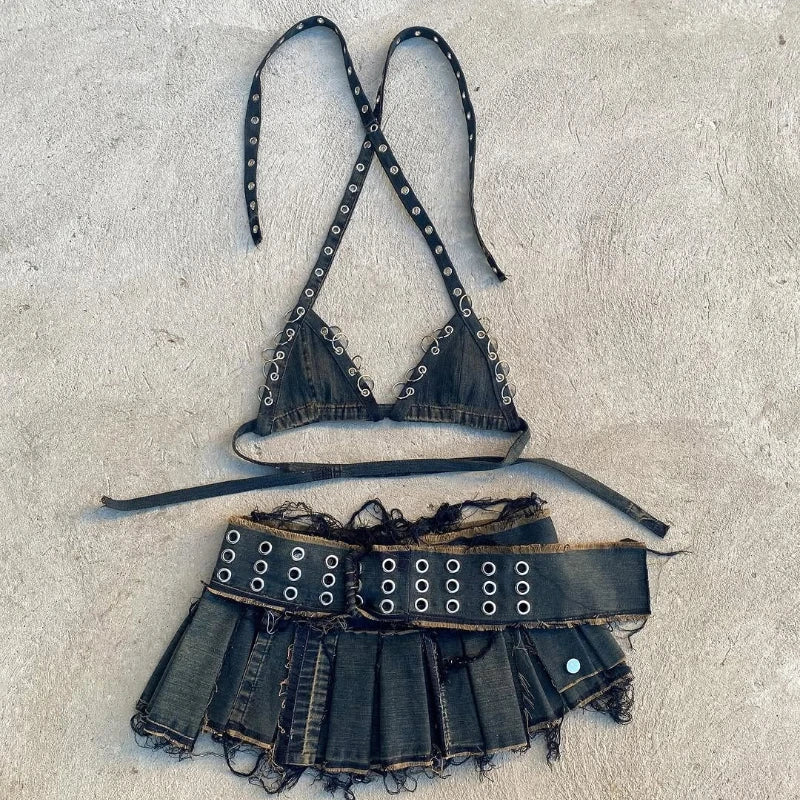Retro Street Fashion Washed Denim Two-Piece Skirt Set Women Hip Hop Harajuku Goth Halves Neck Top Mini Pleated Skirt Trendy Set
