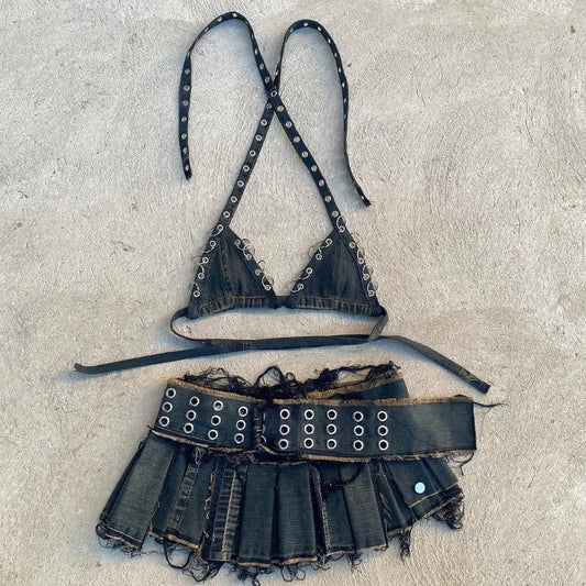 Retro Street Fashion Washed Denim Two-Piece Skirt Set Women Hip Hop Harajuku Goth Halves Neck Top Mini Pleated Skirt Trendy Set