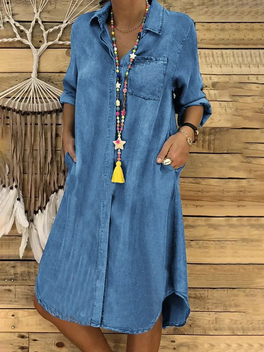 2024 Summer New Fashion Cowboy Women's Long Dress Elegant and Fashionable Retro Single breasted Long sleeved Dress Black Dress
