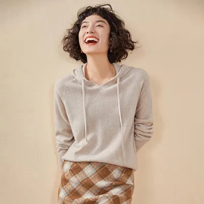 Autumn and winter new women's sweater 100% pure cashmere knitted hooded collar pullover soft solid color hot selling women's top