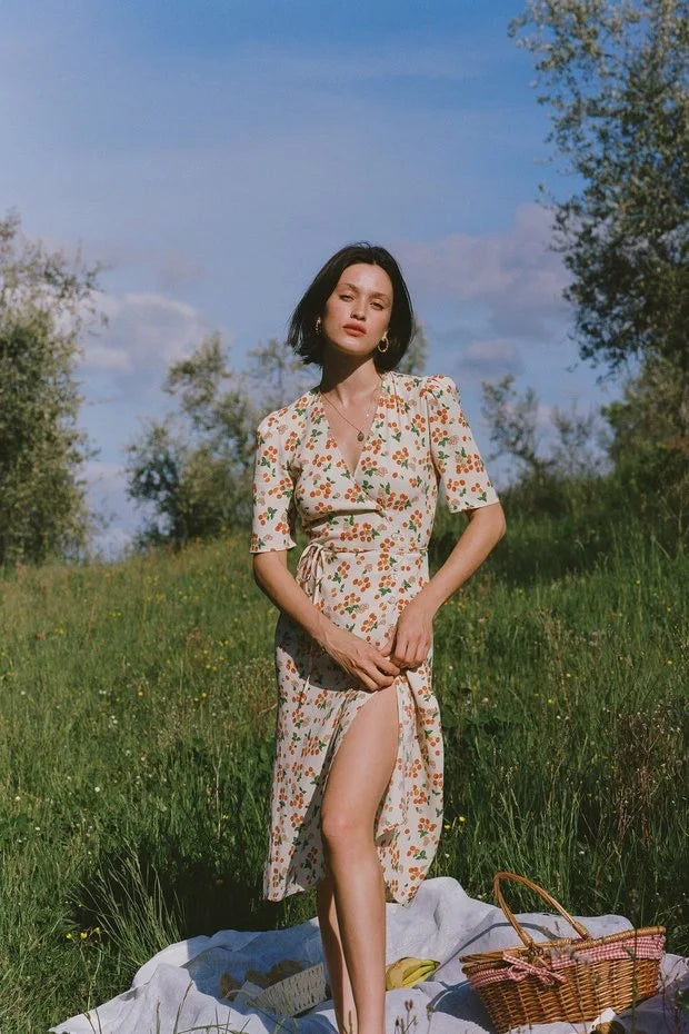 Summer Sweetheart Small Fresh Retro Cherry Print Short-sleeved Wrap Dress, One-piece Coffee Break Dress Tea-break Dress
