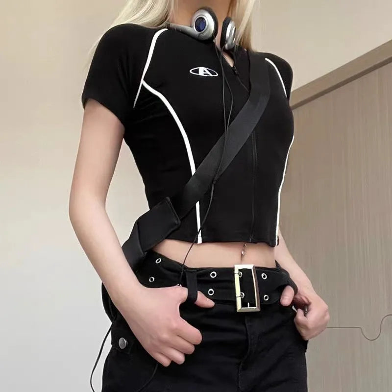 Summer Stand Up Collar Short Sleeved Women's T-shirt Short Style Unique and Chic Slimming Design Top